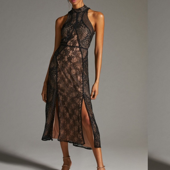 By Anthropologie Structured Black Lace Midi Dress 10 Whimsigoth Cocktail Wedding - Picture 1 of 16